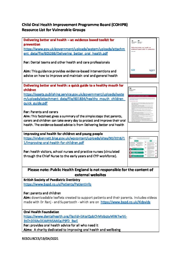 Oral Health Resource List for Vulnerable Groups