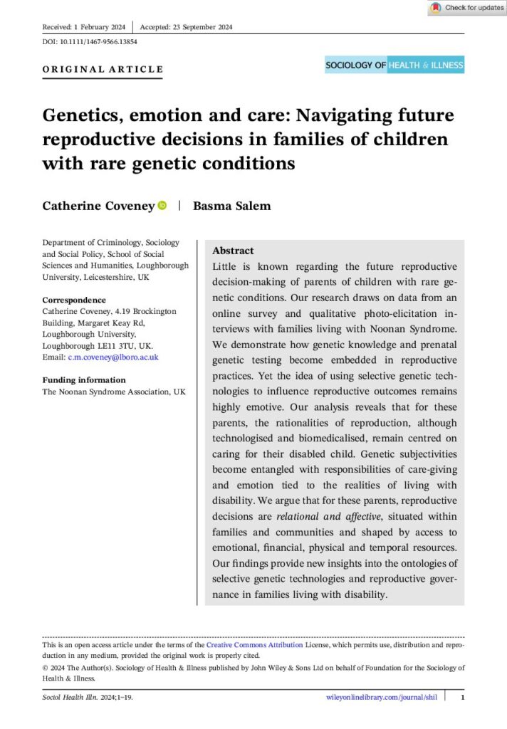 Genetics, emotion and care: Navigating future reproductive decisions in families of children with rare genetic conditions